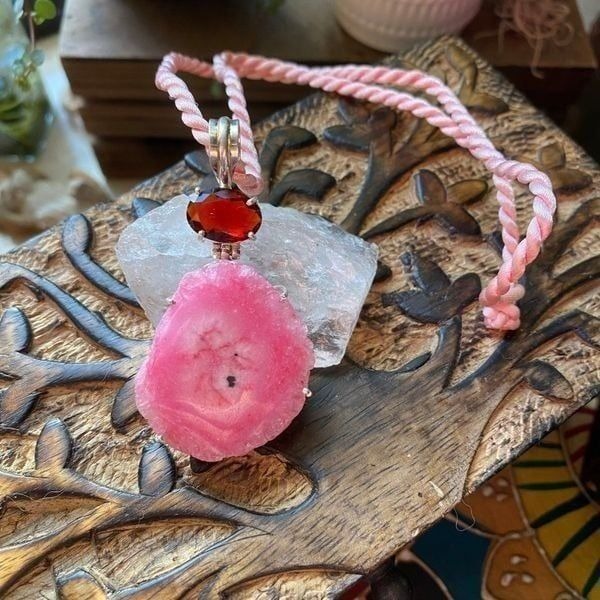 Solar Quartz Druzy & Garnet Ethnic Sterling Silver Pendant Necklace