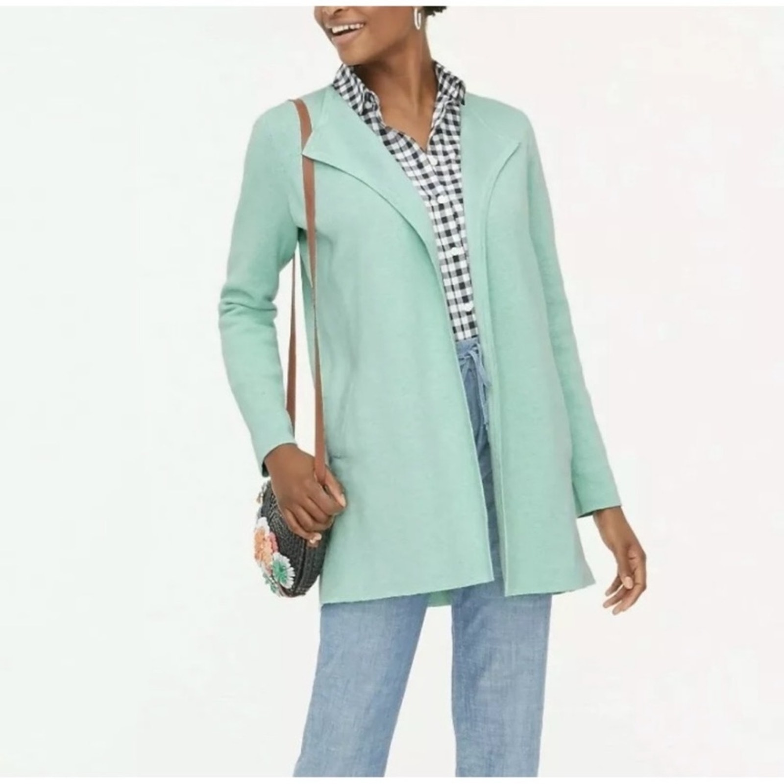 J Crew Vanessa Longline Open Front Cardigan Sweater Coat XS Mint Green AC619