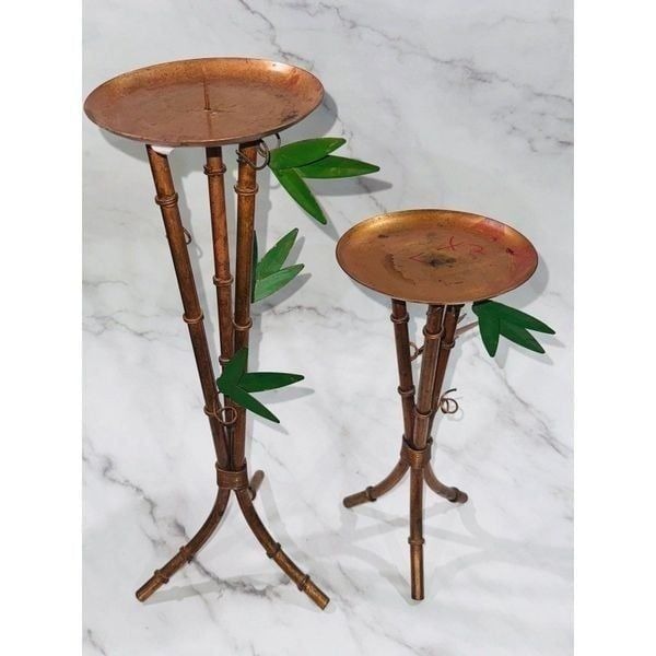 Set of 2 Vintage Copper Pillar Candle Holder - Bamboo w/Green Leaves