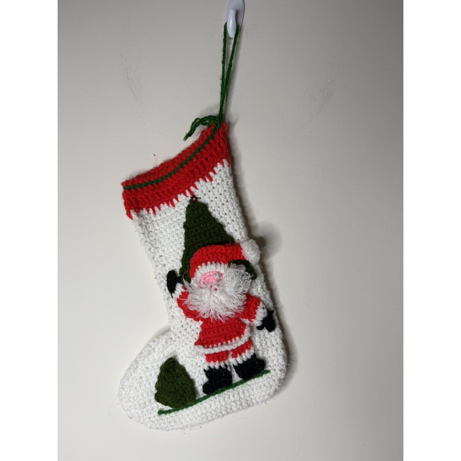 Vintage Hand Crocheted Santa Claus Christmas Stocking White 16 Tree Green Red