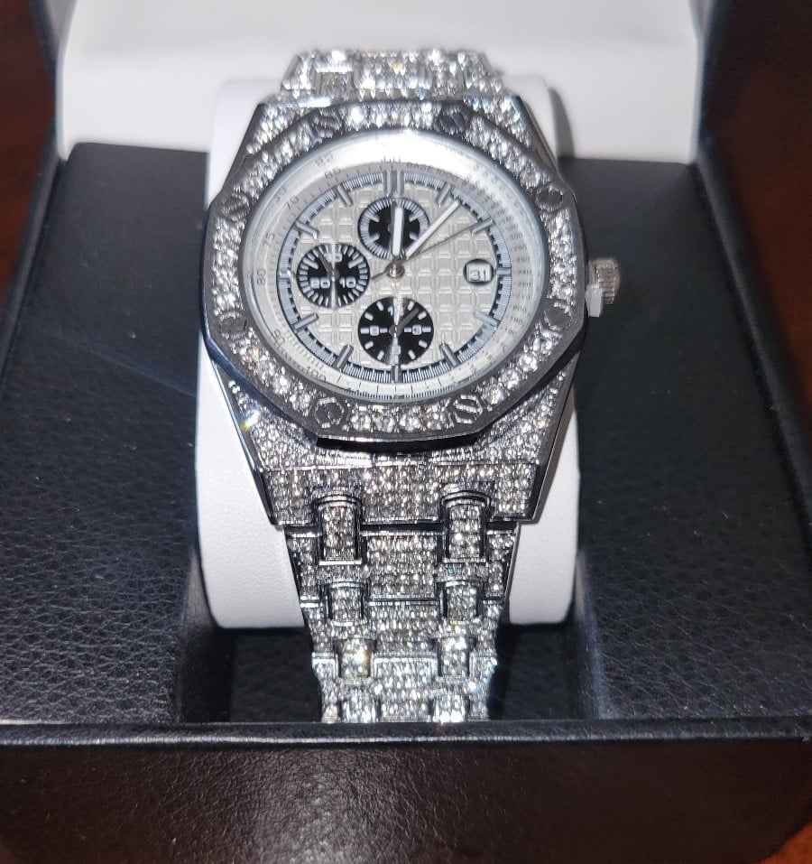 Mens Multifunctional Design Silverplated Simulated Diamond CZ Watch