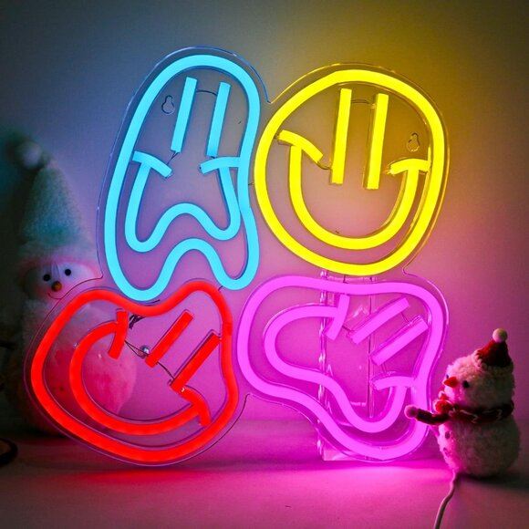 New Smile Faces Neon Sign LED Colorful Happy Faces for Kids Bedroom Decor