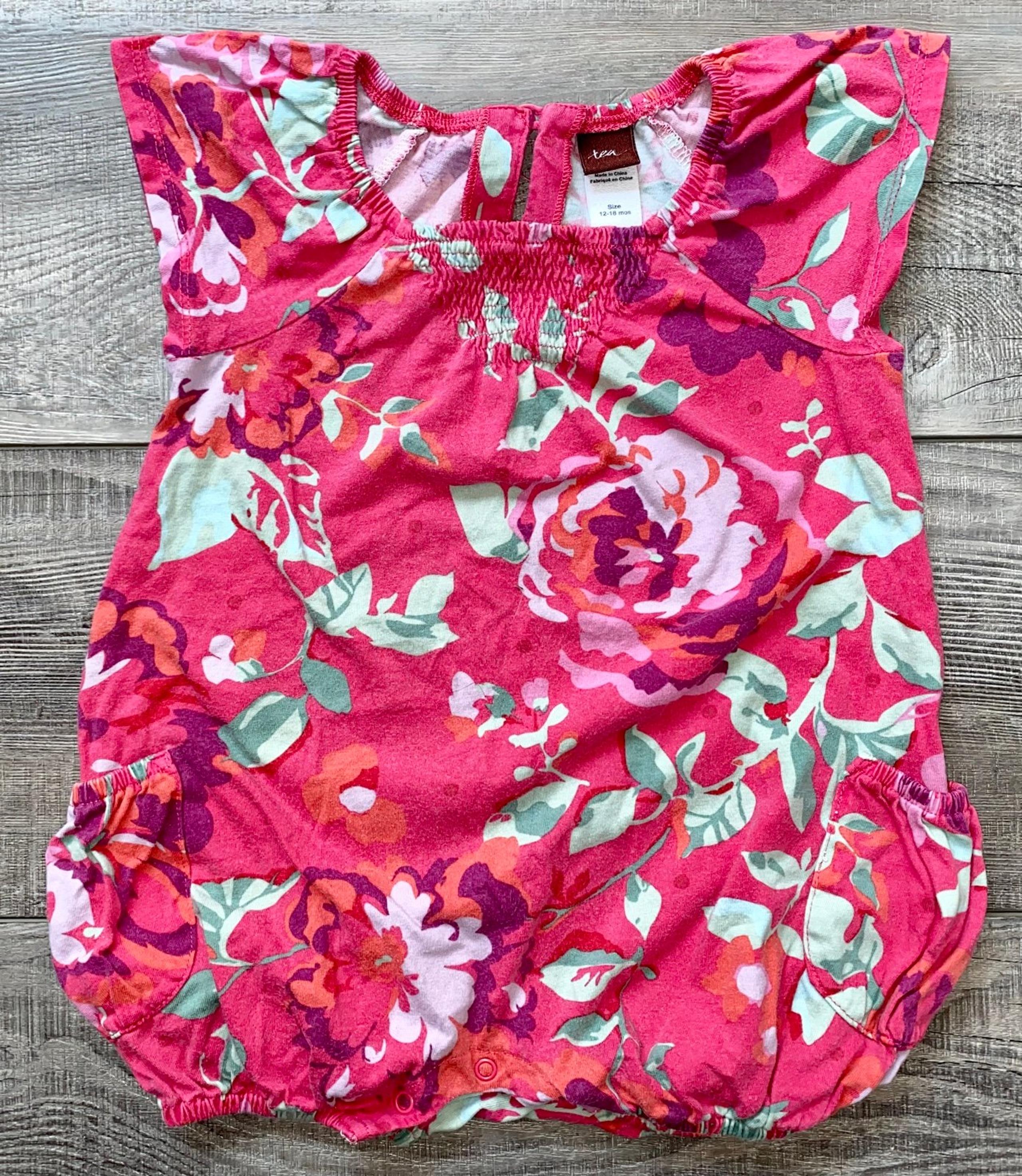 Tea Collection - Pink Purple Green Rose Floral Romper 12 to 18 Months