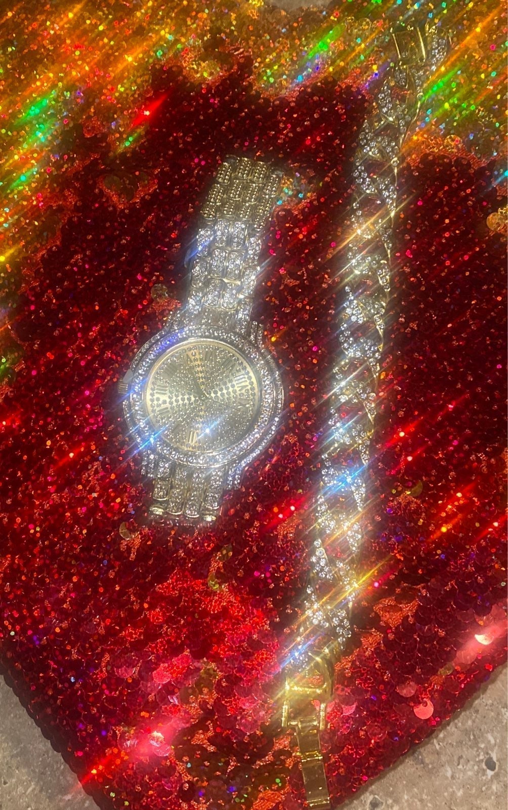 PAVE ENCRUSTED GOLD GP WATCH CUBAN 8 BRACELET SET NEW !!