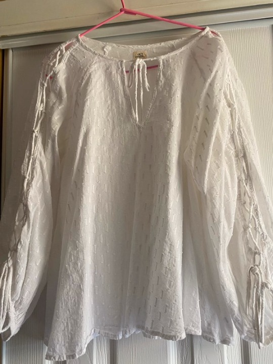 White textured lace-up sleeve blouse