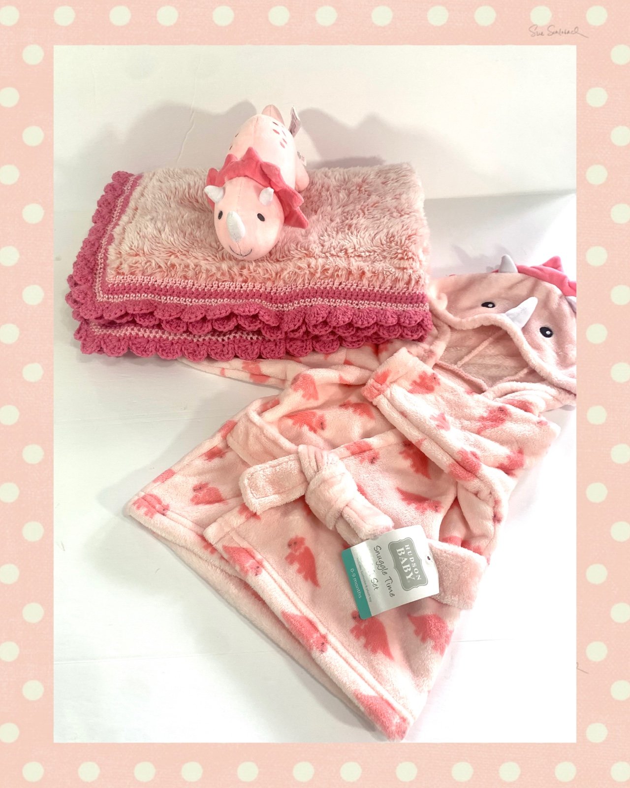 Peachy Pink Triceratops Dinosaur Crochet Baby Blanket and Robe Set