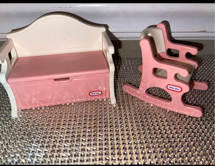 Little Tikes Dollhouse Pink & White Rocking Chair RARE victorian Toy box bench