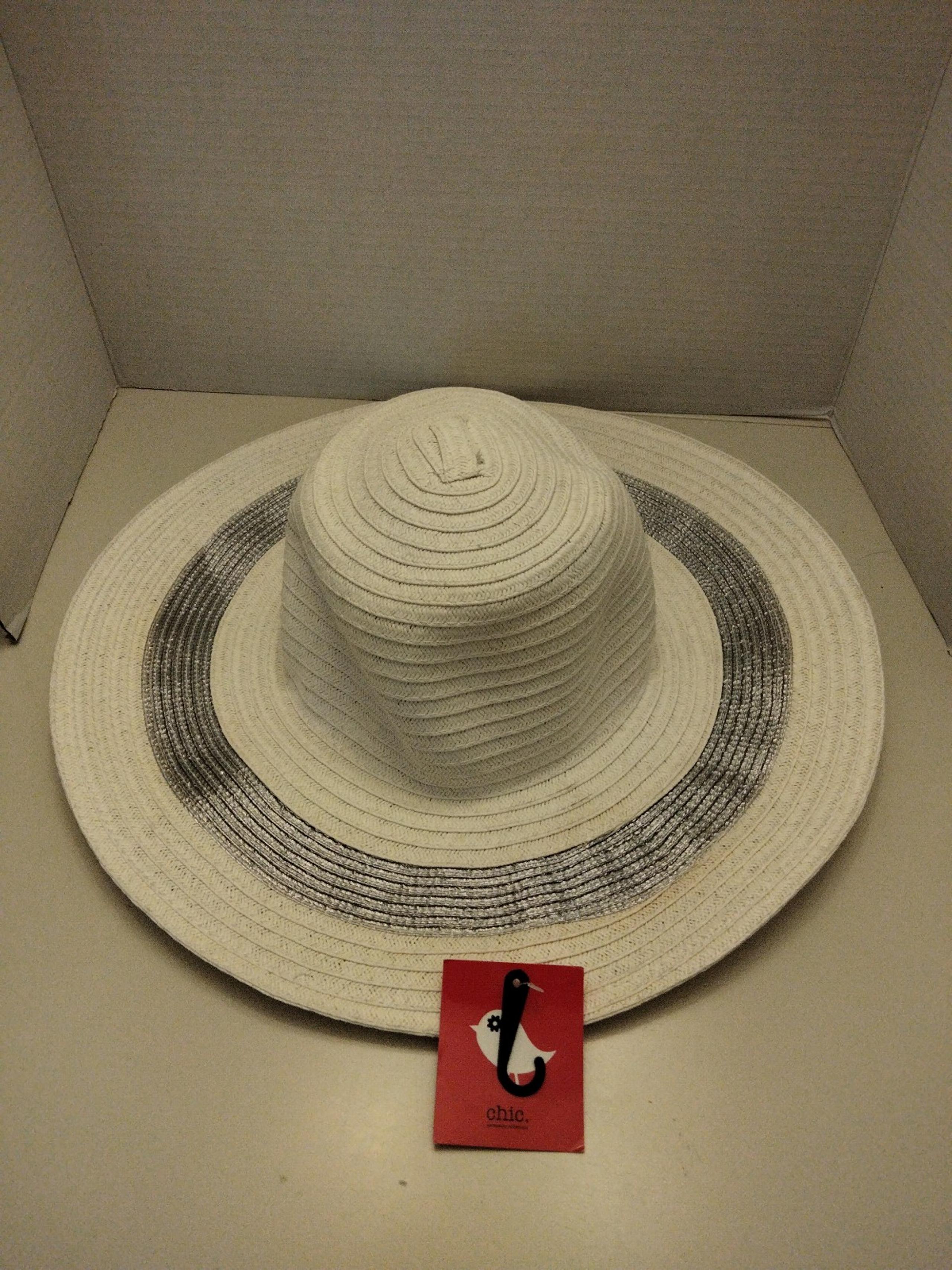 Chic Paper Straw Women wide brim Sun hat white silver trim