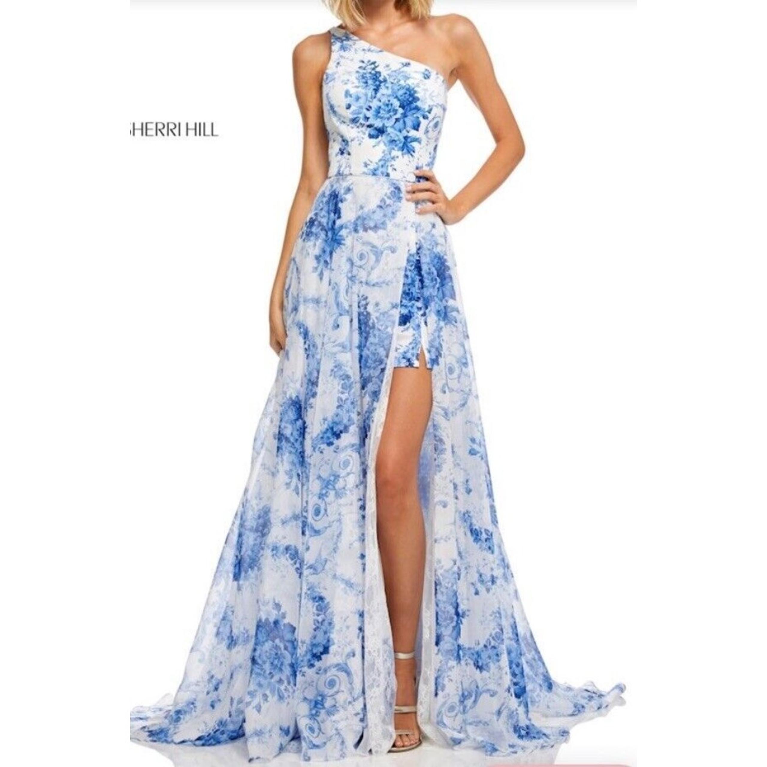 - 52728 | Regiss Floral Blue Spring Dress Size 4 Excellent Condition - Sherri Hill