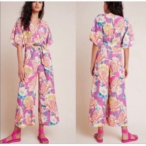 Farm Rio Anthropologie Eulalie pink floral Wide-Leg Jumpsuit size XS