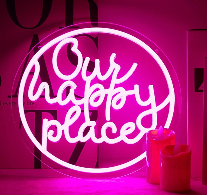 Lovely Bright Pink “Our Happy Place” LED Night Light Room Wall Decoration