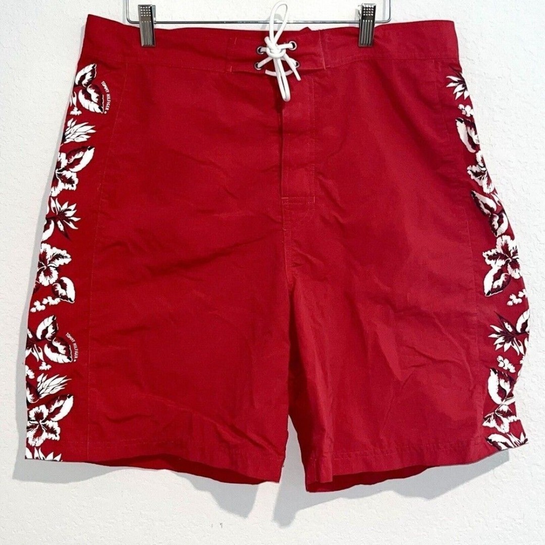 Vintage 90s Tommy Hilfiger Mens Large Spell Out Floral Board Shorts Trunks Red
