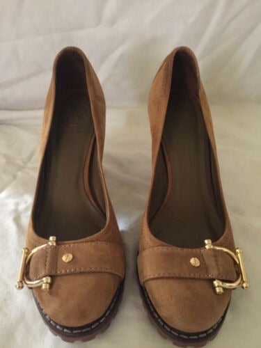TORY BURCH BUCKLE lug sole platform BROWN SUEDE PUMP