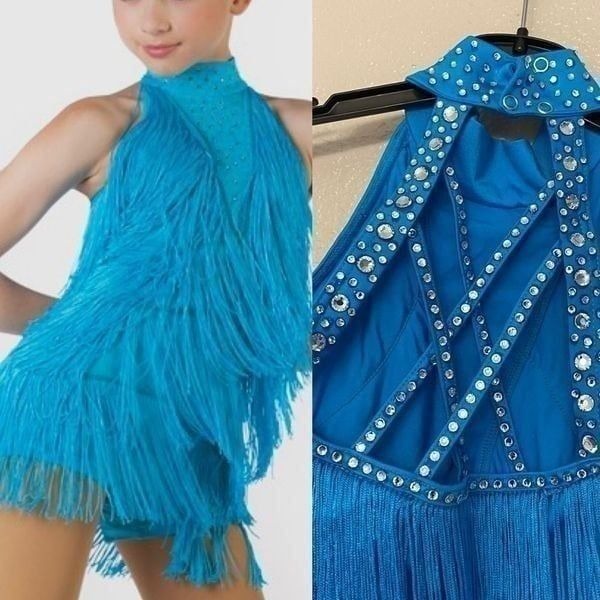 Weissman Dance costume aqua blue sassy fringe dress Spice Up Your Life 14130 MC