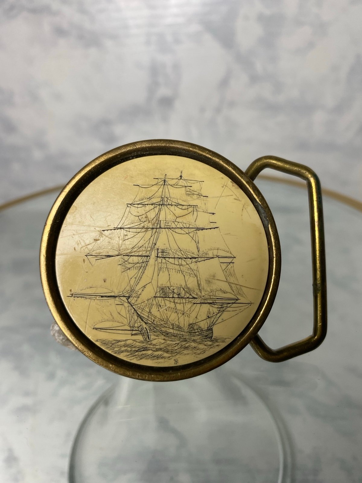 Vintage Faux Scrimshaw Nautical Sailboat Solid Brass Barlow Belt Buckle