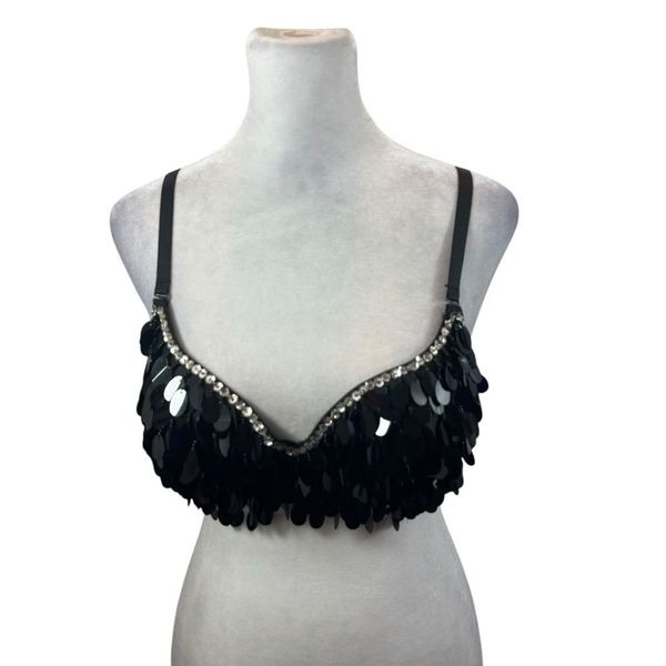 Arden B Paillette Sequin Bra Top Black and Silver Size Small