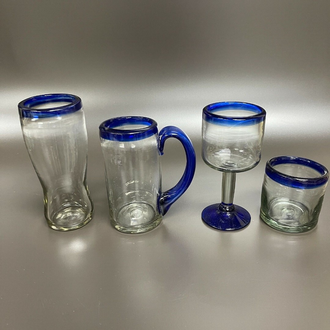 Vintage Mexican Glasses Cup Mug Cobalt Blue Clear Blown Glass Lot of 4
