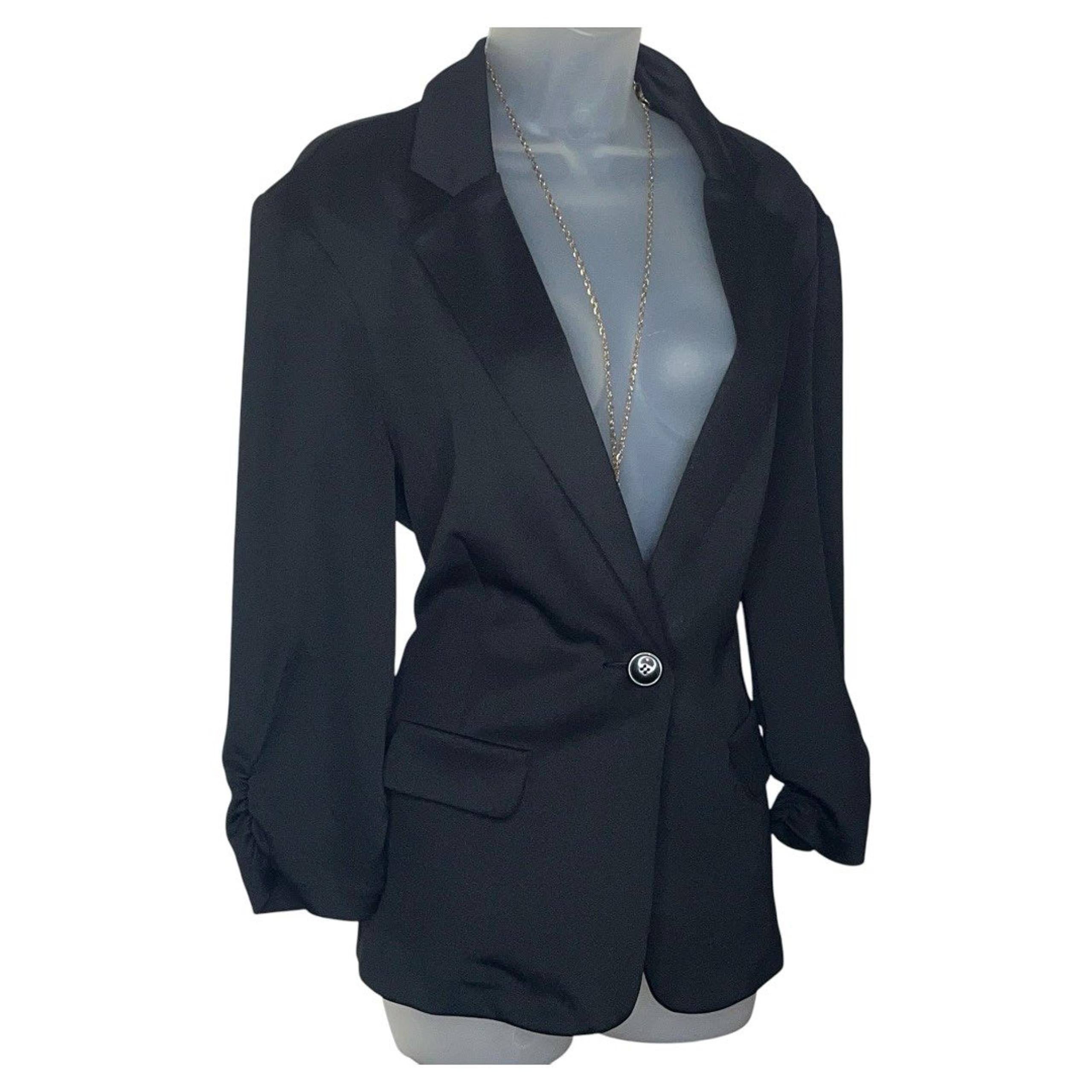 SOHO Apparel Black Single Button Ruched Sleeve Satin Blazer Suit Large