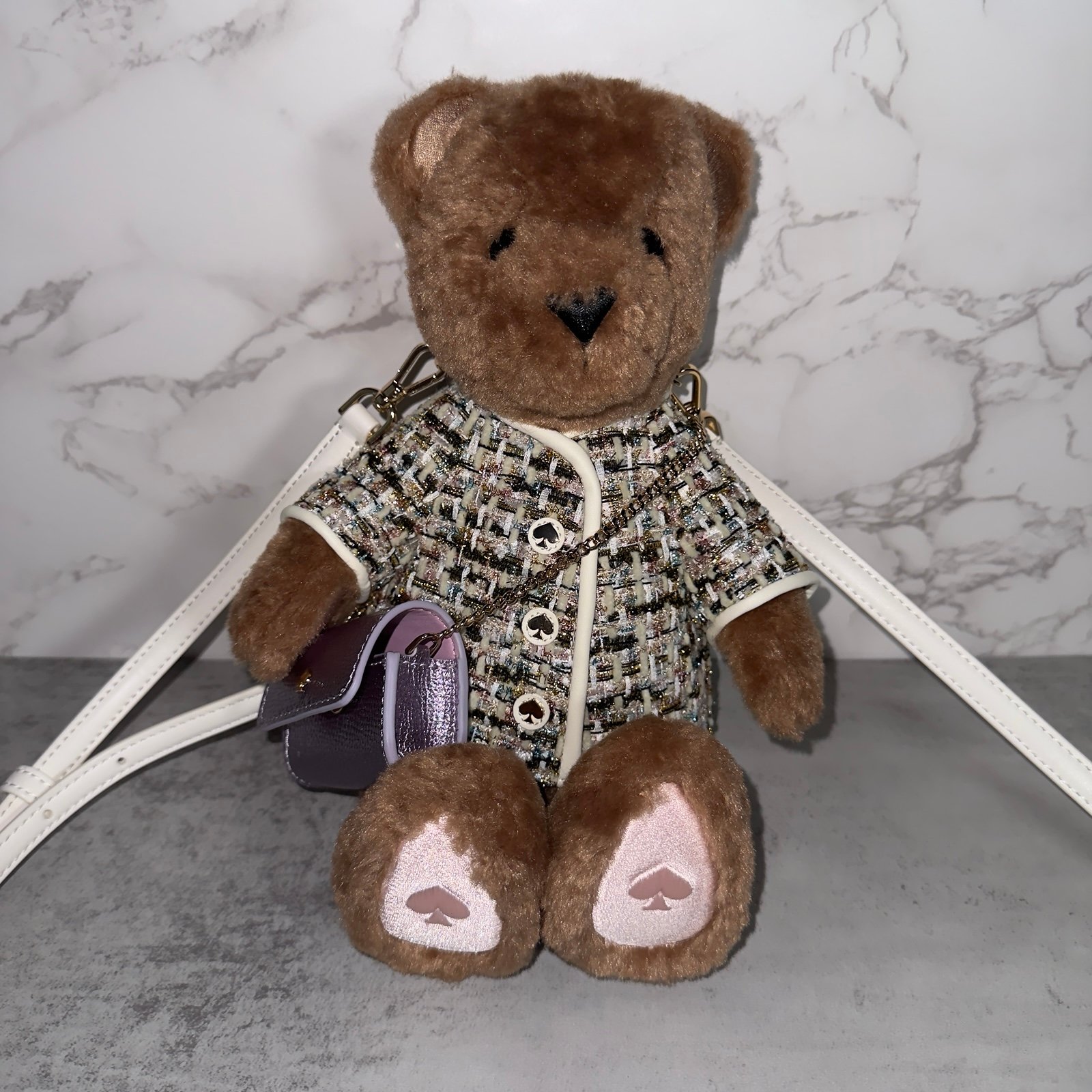 NWT Kate Spade KI972 Oh What Fun 3D Teddy Bear Crossbody Faux Fur Tweed 449