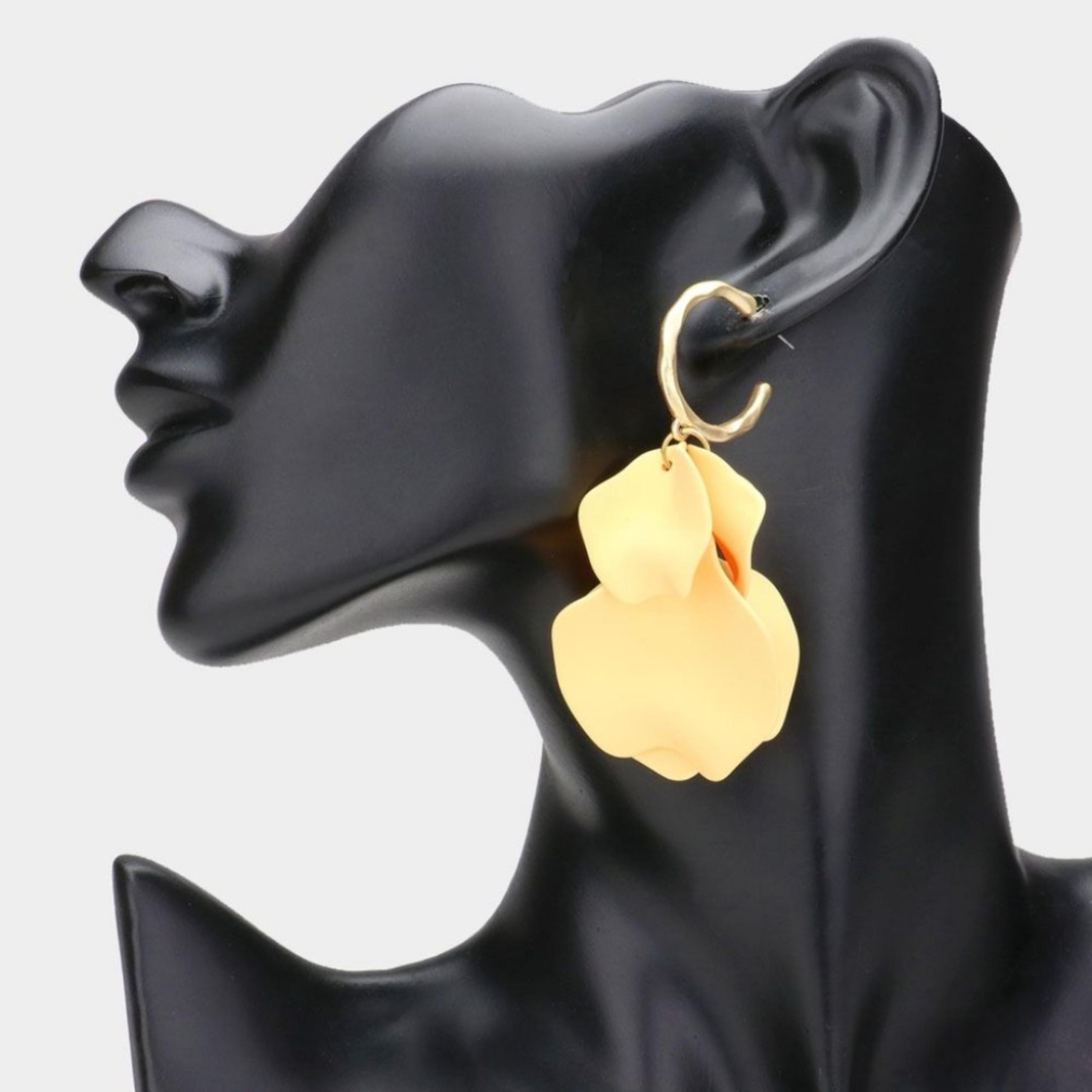 Yellow Petal Cluster Dangle Earrings 3 Inch Tear Drop Down Colorful Jewelry