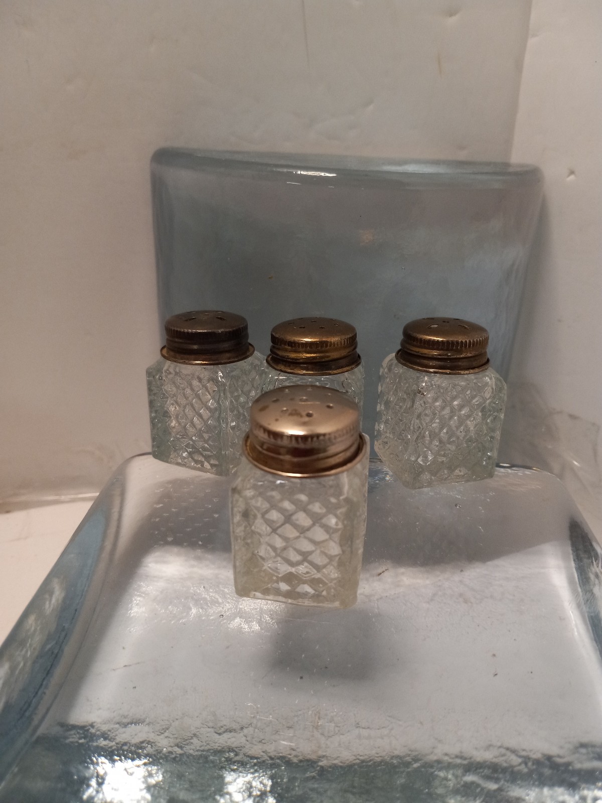 Vintage 2 sets Salt & Pepper Shakers Miniature Diamond Cut Crystal w/Silver Caps