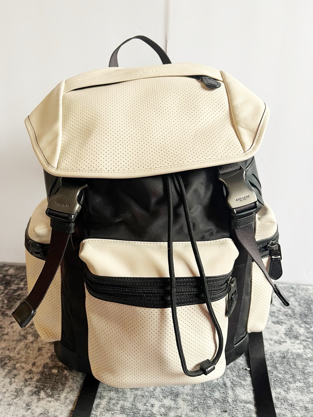 Coach Terrain Trek Perforated Off White Cream Backpack Book Bag Drawstring Men