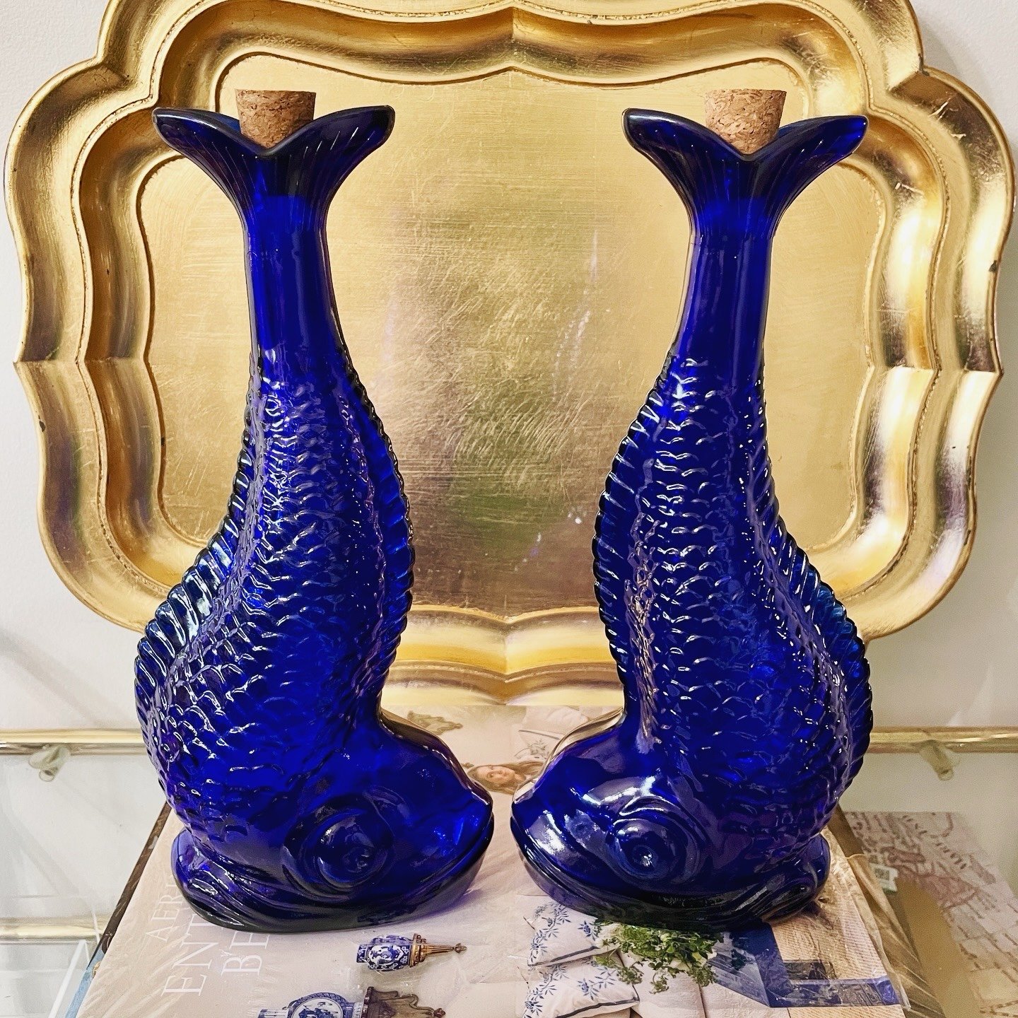 RARE Vtg 12” H Mod Dep Italy Cobalt Blue Koi Fish Decanter/Carafe/Vase - Pair