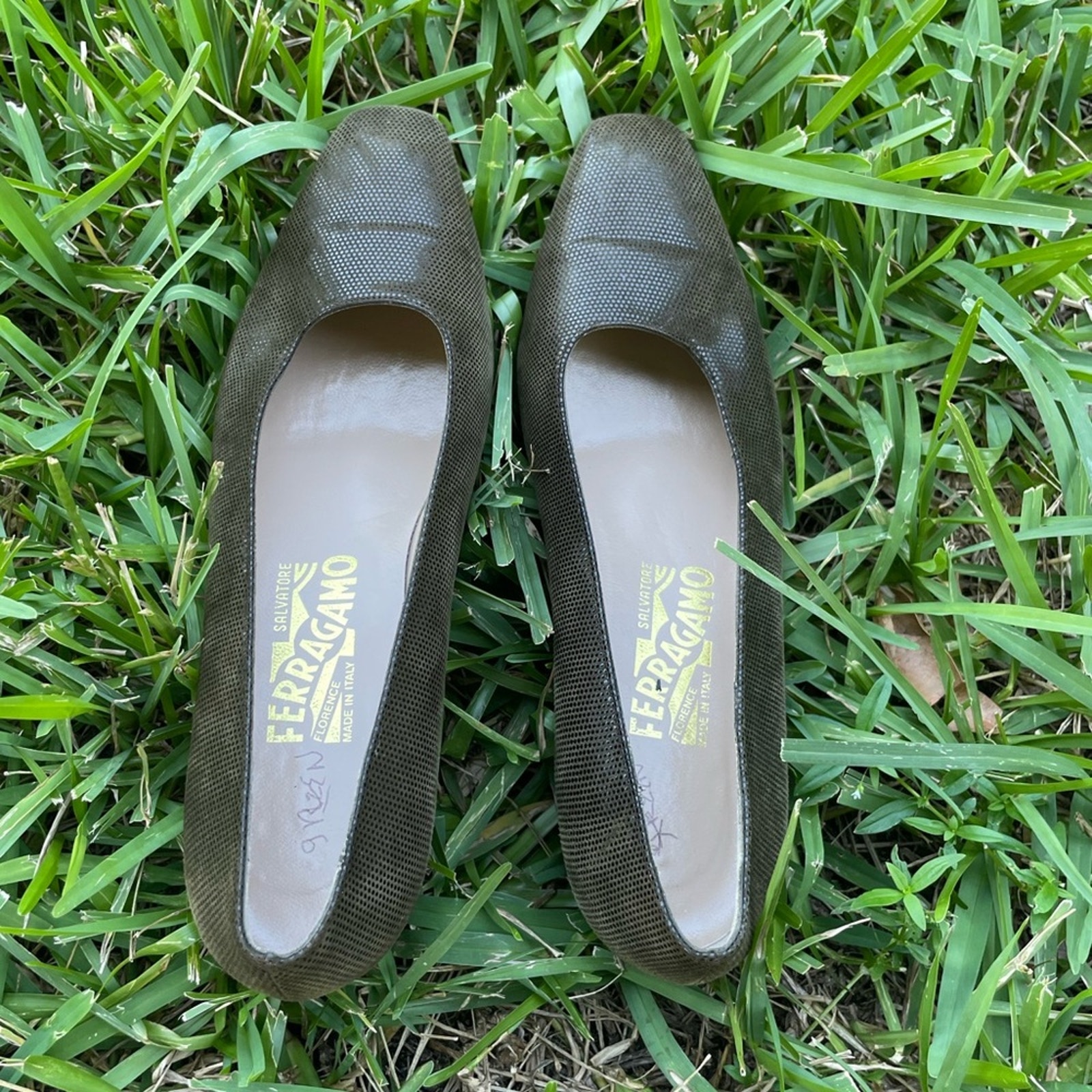 Vintage Salvatore Ferragamo Green/ Brown Animal print Suede Pumps