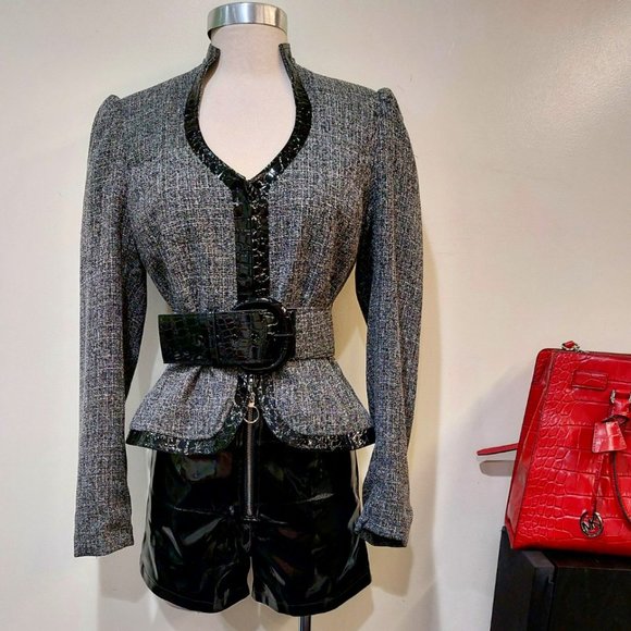 STUNNING Vintage Tweed & Croc Leather Trim Belted Peplum Blazer