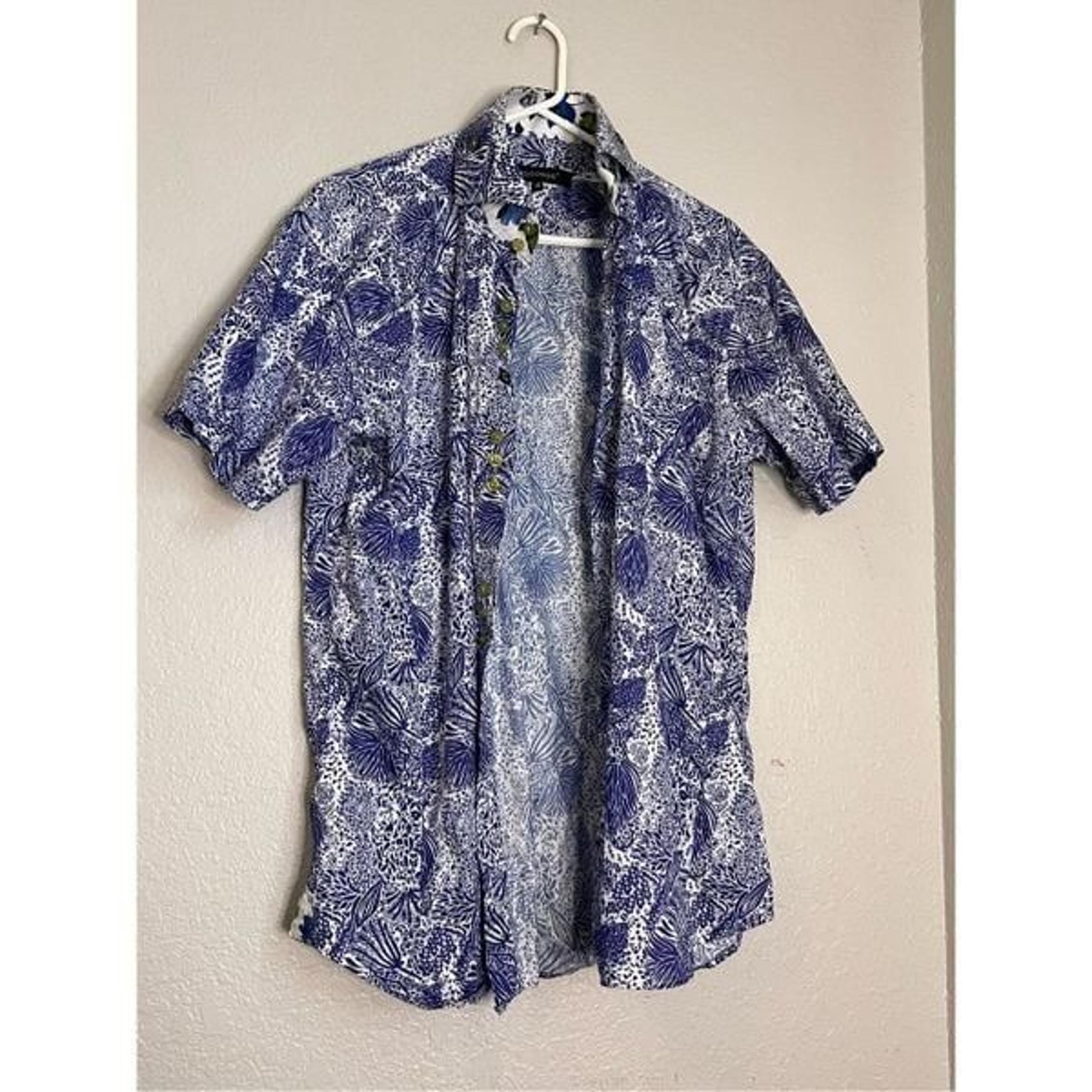Bogosse blue roses button down shirt L artsy casual