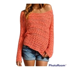 FREE PEOPLE Coral Open Knit Marigold Scoop Neck Off Shoulder Sweater Small Boho