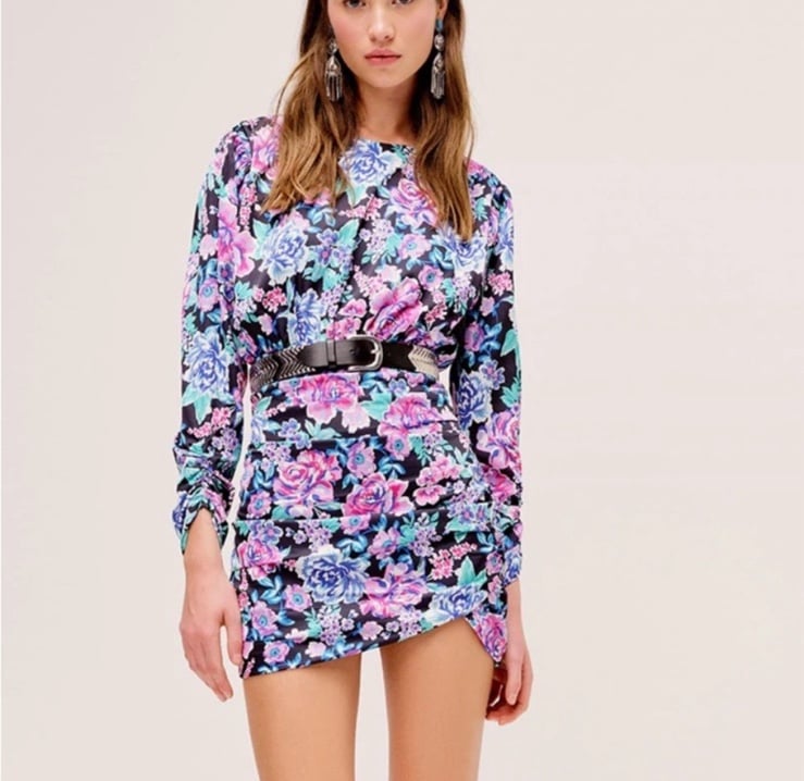 For love & lemons floral satin ruched mini dress