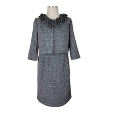 Danny & Nicole Tweed Dress Suit Size 8P Ruffled Collar Cropped Open Blazer Black