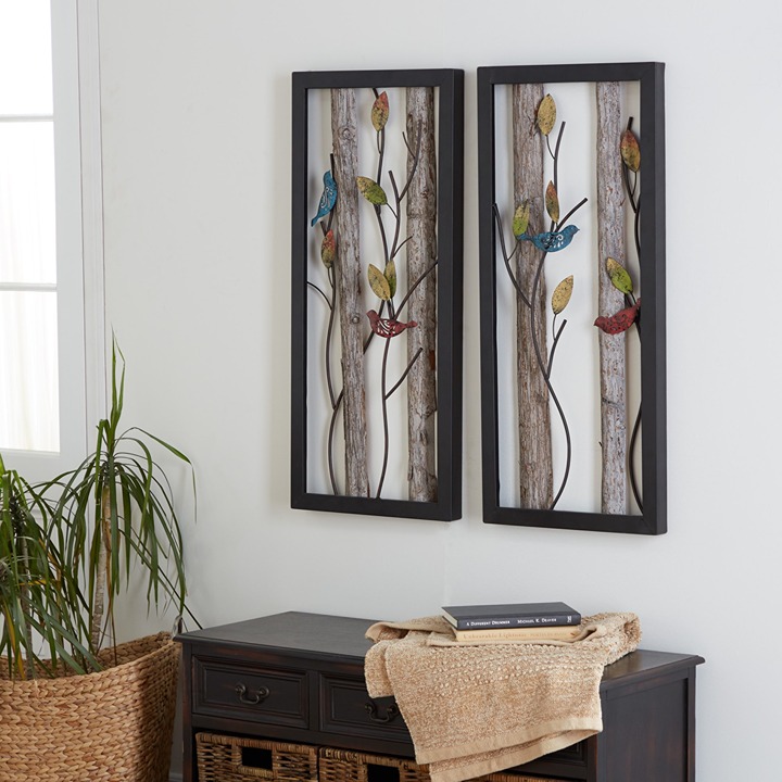 2 pieces-black metal bird wall decoration and real wood details