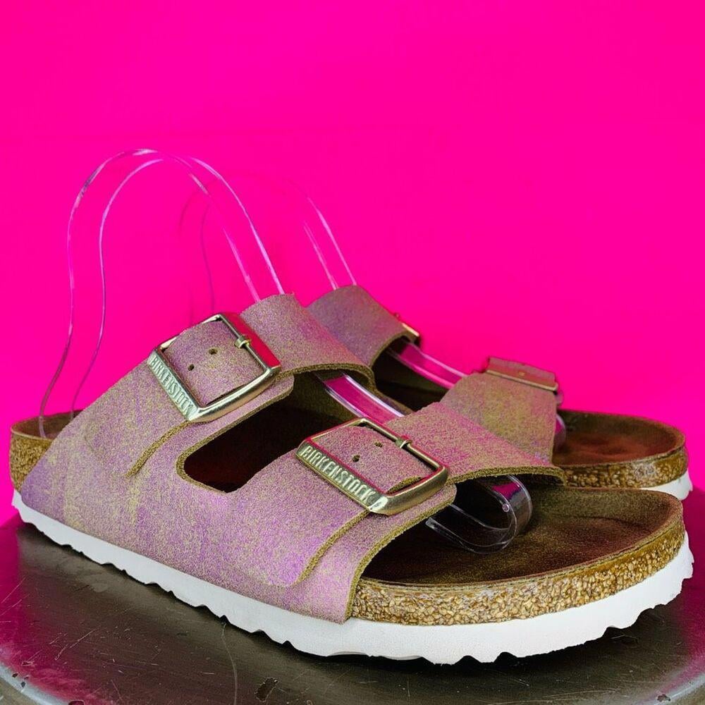 Birkenstock Arizona Washed Metallic Pink Leather Sandal Sz 8
