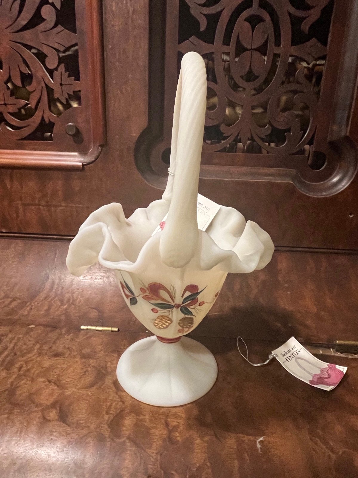 Vintage Fenton Satin Xmas Pinecone Satin Basket