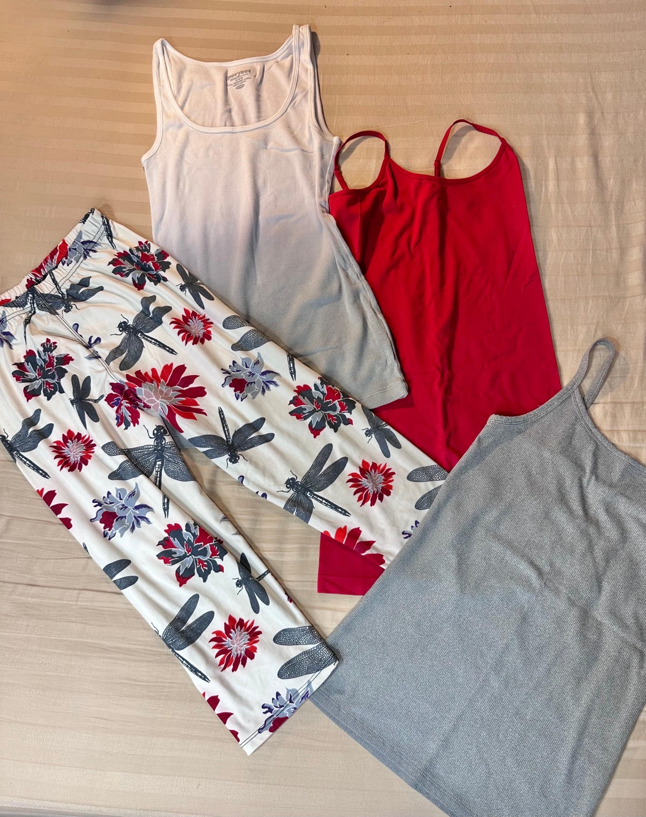 LOT of 4 Capris (OS), Red Tank (OS), Dark Grey Tank (M) White to Grey Ombré (M)