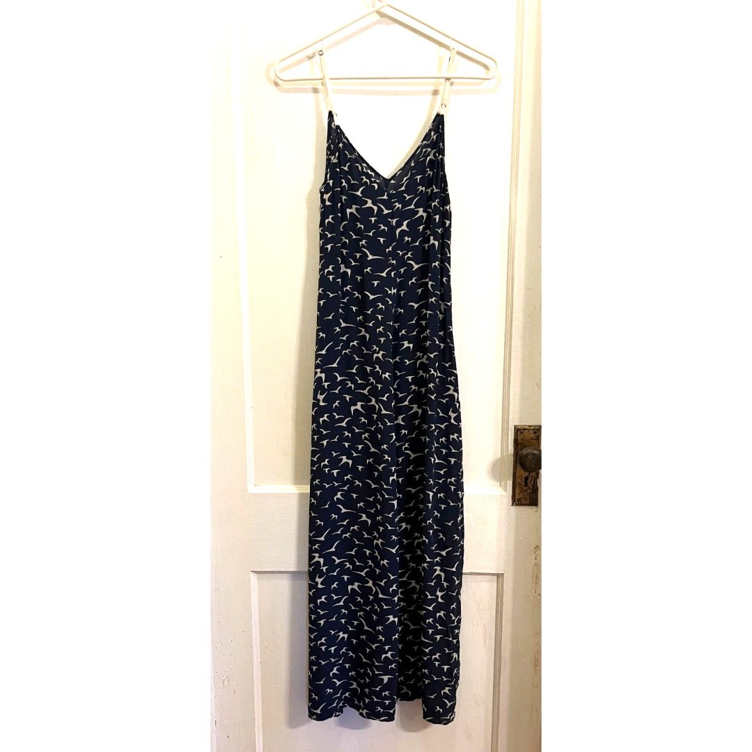 BROCHU WALKER Blue White Bird 100% Silk Maxi Sun Dress Women's Size Petite