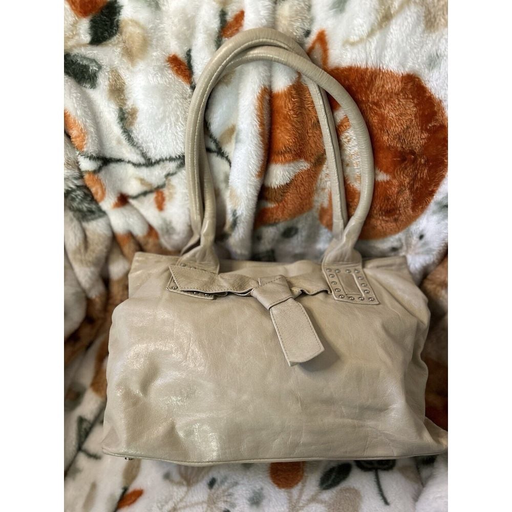 ROBERTA GANDOLFI Beige Italian LEATHER Studded Bow Detail HOBO Shoulder Bag