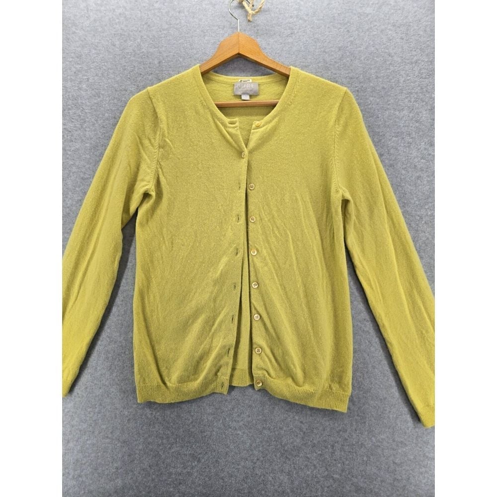 Pure 100% Cashmere Women's Cardigan Green Round Neck Lightweight US 6 UK 12