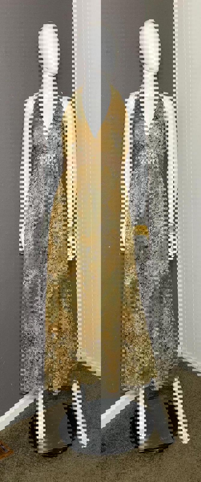 1990's Brown x Gold Floral Chiffon Embellished Maxi Dress size S/M