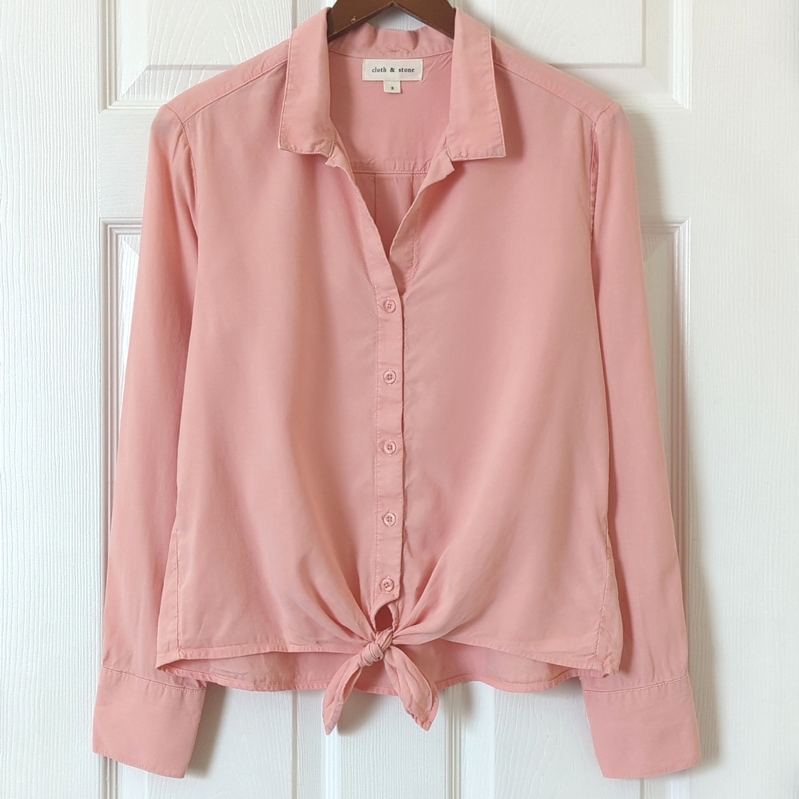 Cloth & Stone Classic Tencel Long Sleeve Button Down Tie Front Top Salmon Pink S