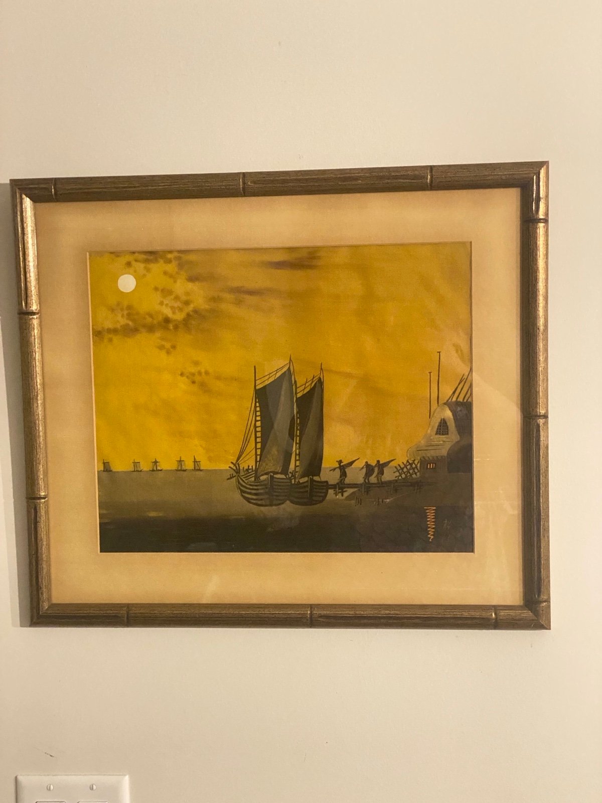 Vintage Japanese Sail Boats at Dock Watercolor on Silk Signed & Framed.