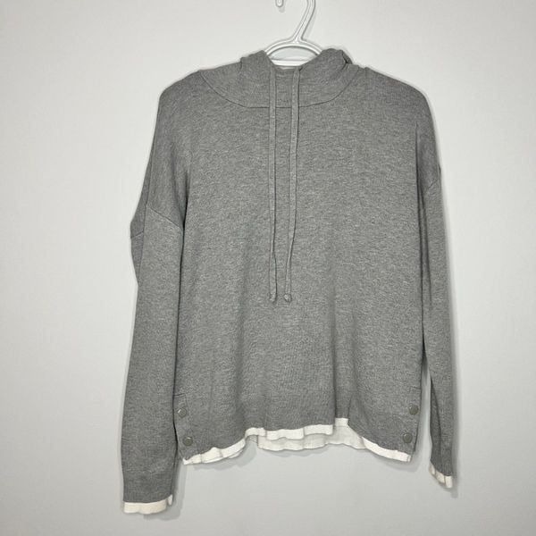 Tahari Womens Hoodie Sweatshirt Gray Heathered Long Sleeve Drawstring Large