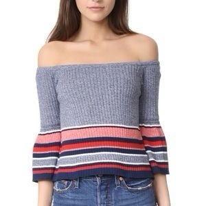 Lovers + Friends Grey Pink Knit Off Shoulder Striped Bell Sleeve Top Women Small