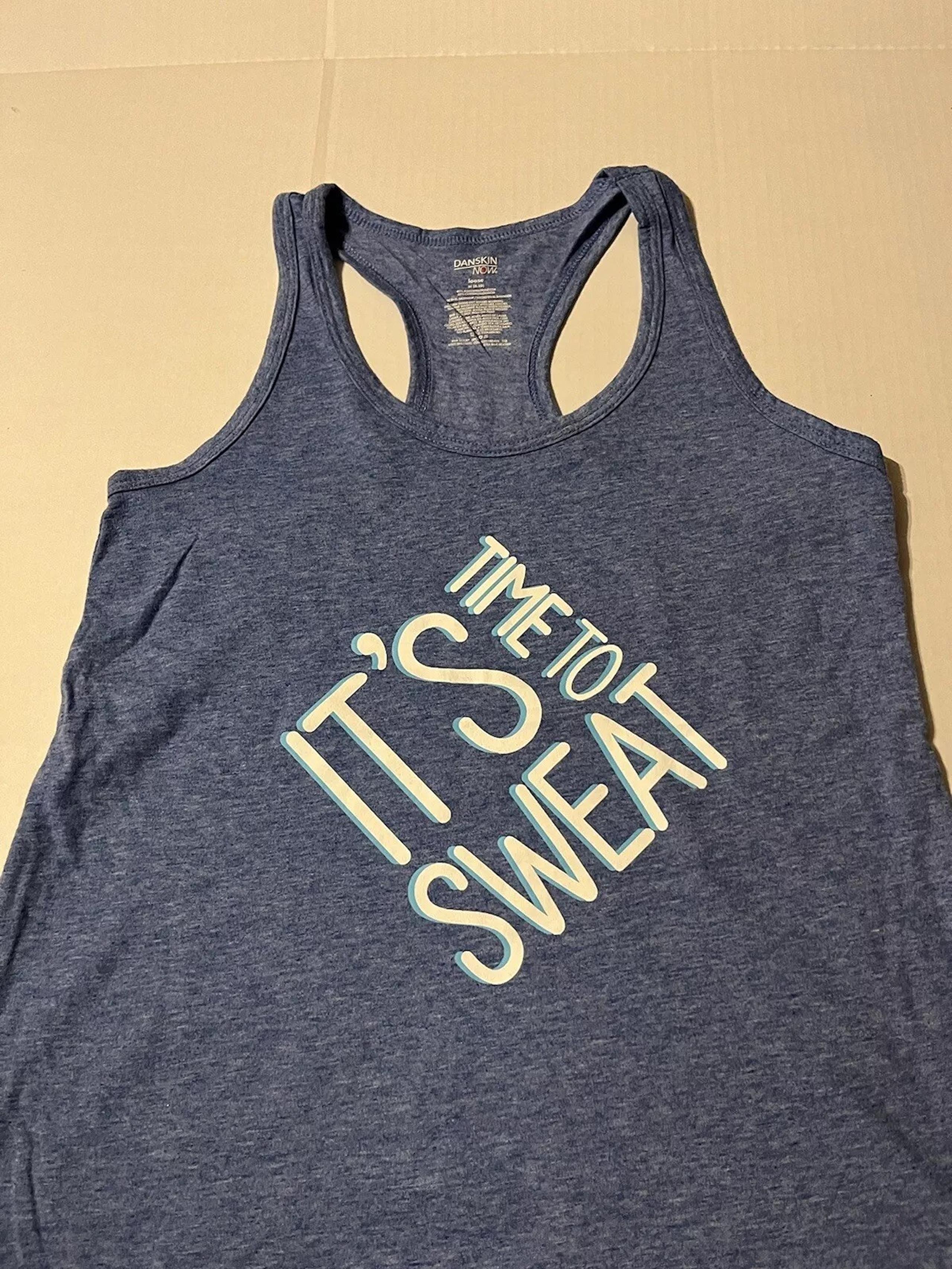 Danskin Now women's blue tank top racer back IT'S TIME TO SWEAT size medium 8/10
