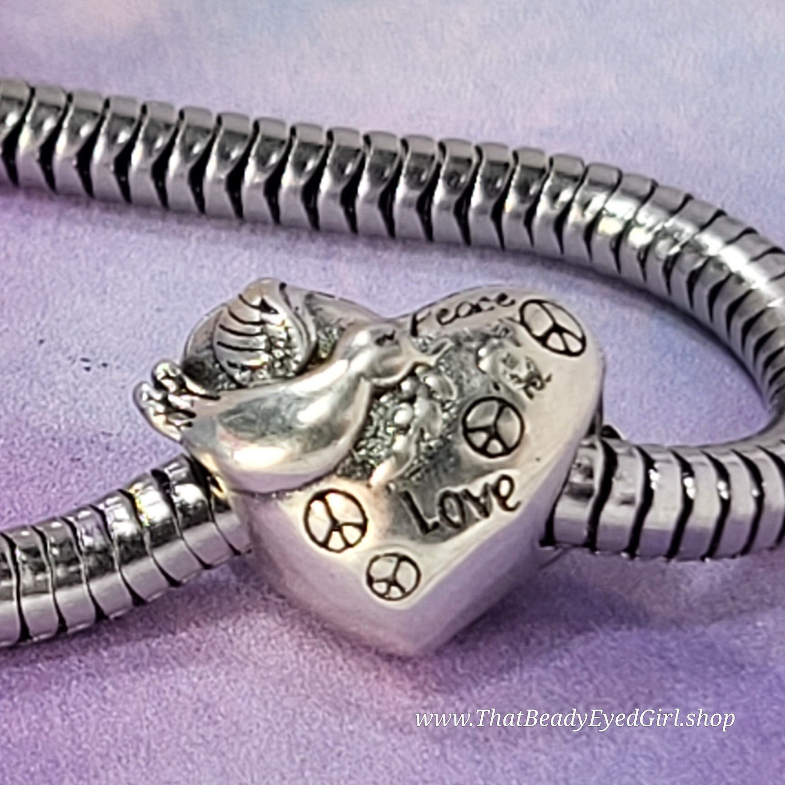S925 Sterling Silver Heart Peace Love Dove Charm Bead