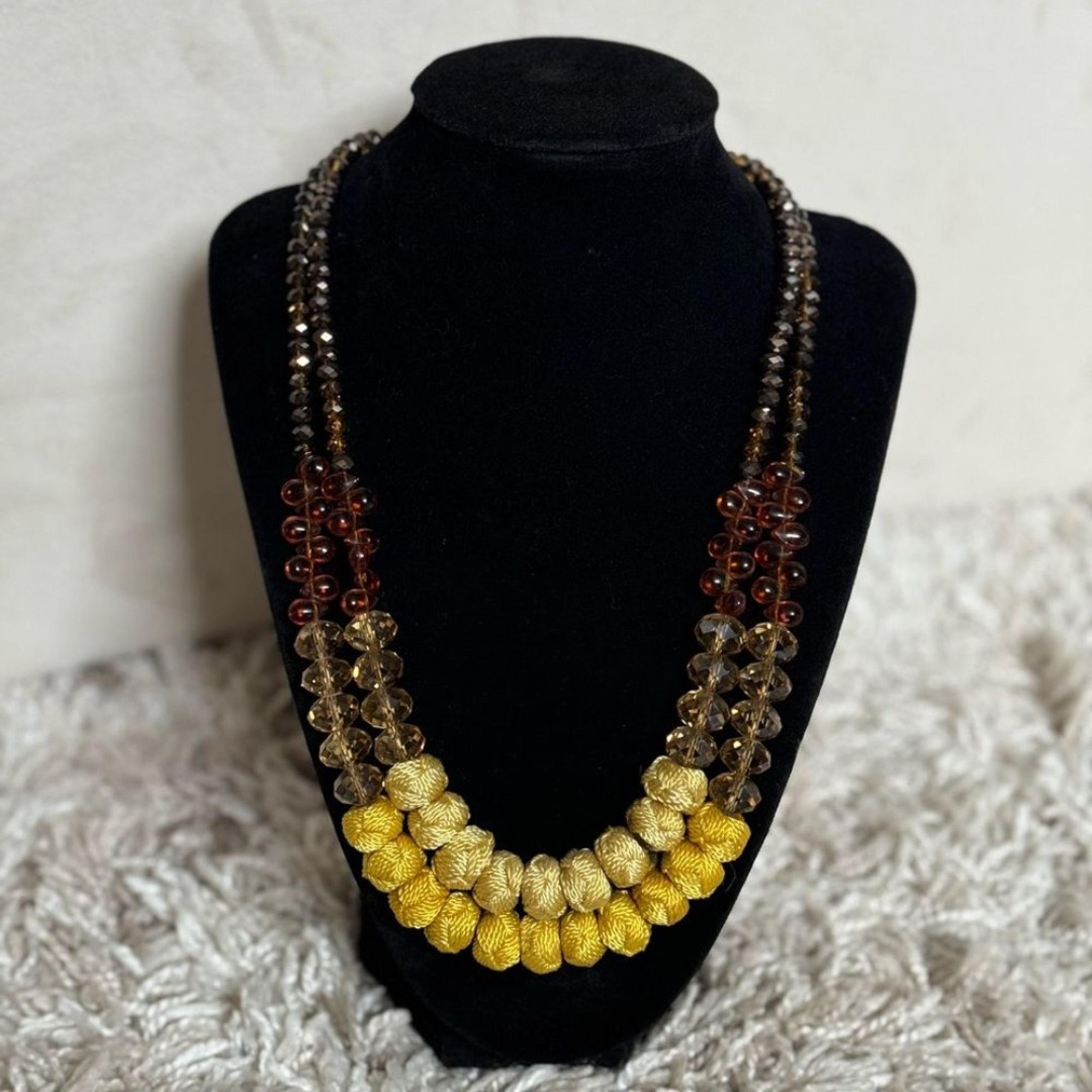 Vintage Anthropologie Bronze Citrine Amber Cotton Woven Bead Boho Layer Necklace