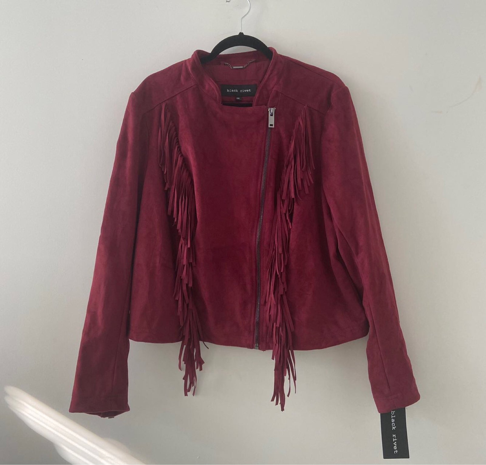 Black Rivet Western Fringe Faux Leather Moto Jacket Size XXL