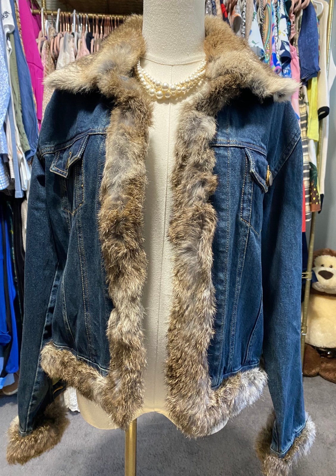 LA FIORENTINA VINTAGE DENIM JACKET WITH RABBIT FUR Collar. Wears like a Medium.